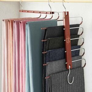MORALVE Space Saving Pant Hanger for Clothes Organizer. Pack of 2, Mahogany -NEW